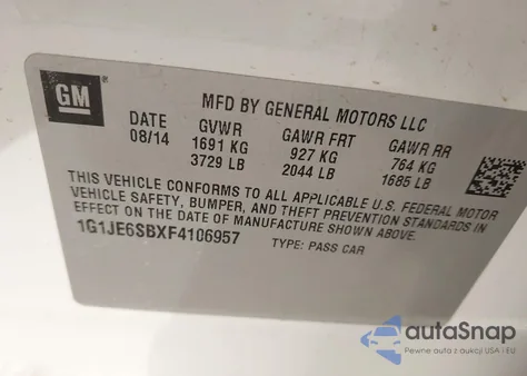 2015 Chevrolet Sonic Ltz Auto z USA, uszkodzony, nr VIN 1G1JE6SBXF4106957